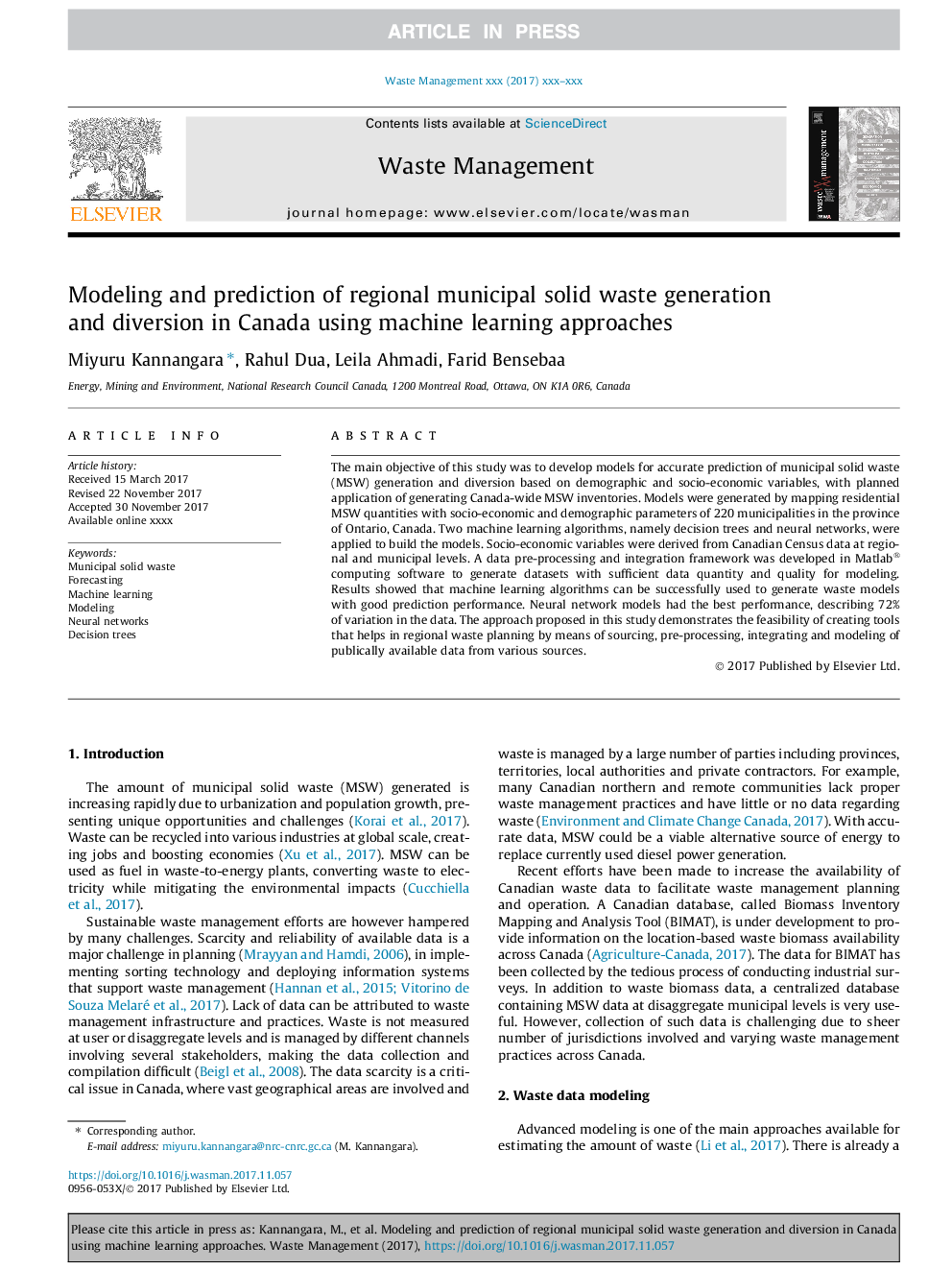 Modeling and prediction of regional municipal solid waste generation and diversion in Canada using machine learning approaches