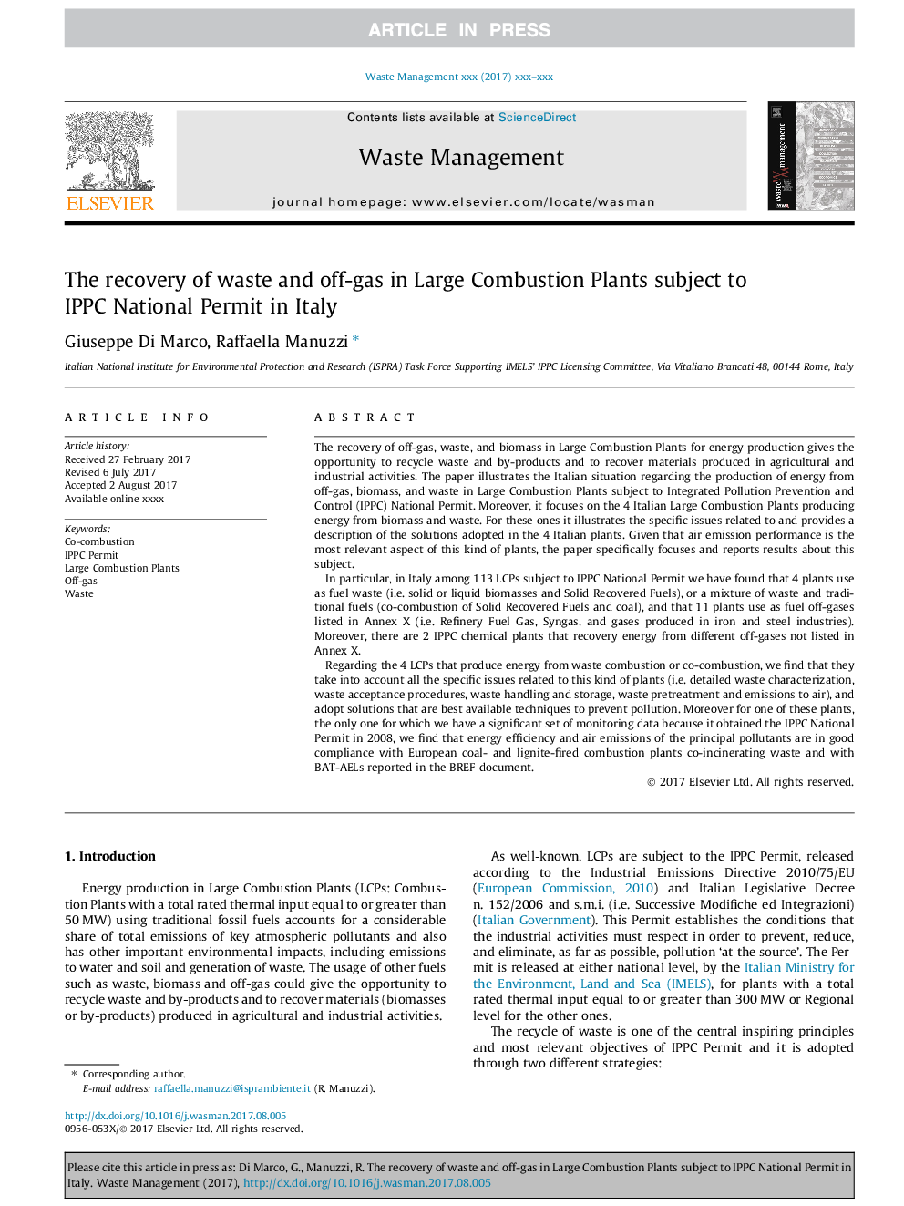 The recovery of waste and off-gas in Large Combustion Plants subject to IPPC National Permit in Italy