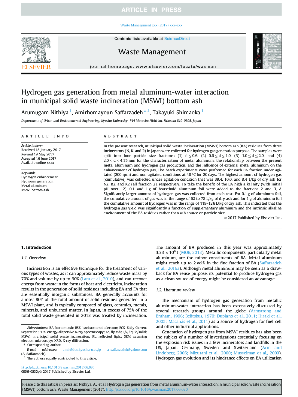 Hydrogen gas generation from metal aluminum-water interaction in municipal solid waste incineration (MSWI) bottom ash