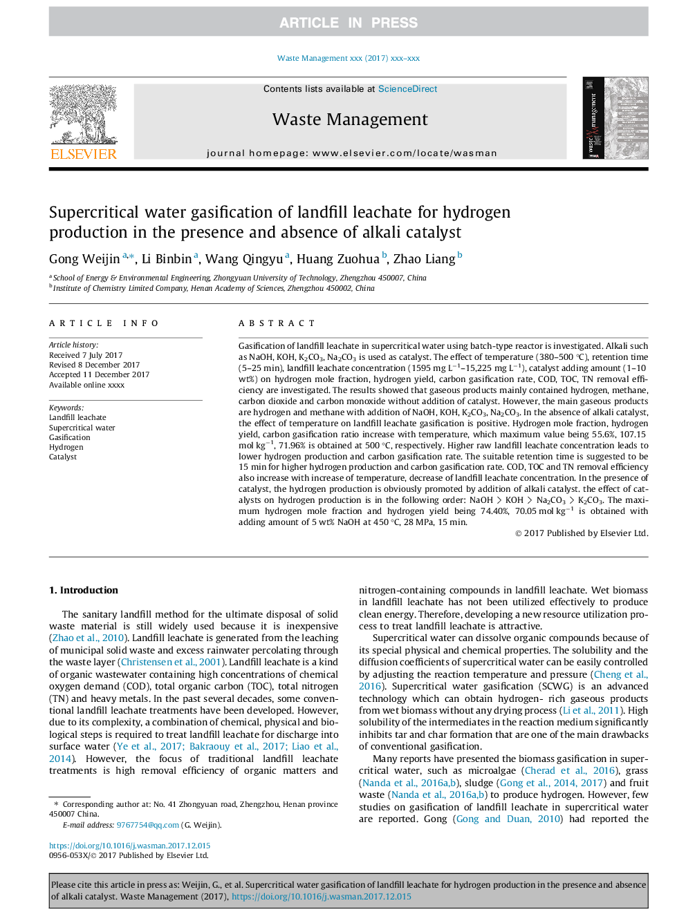 Supercritical water gasification of landfill leachate for hydrogen production in the presence and absence of alkali catalyst