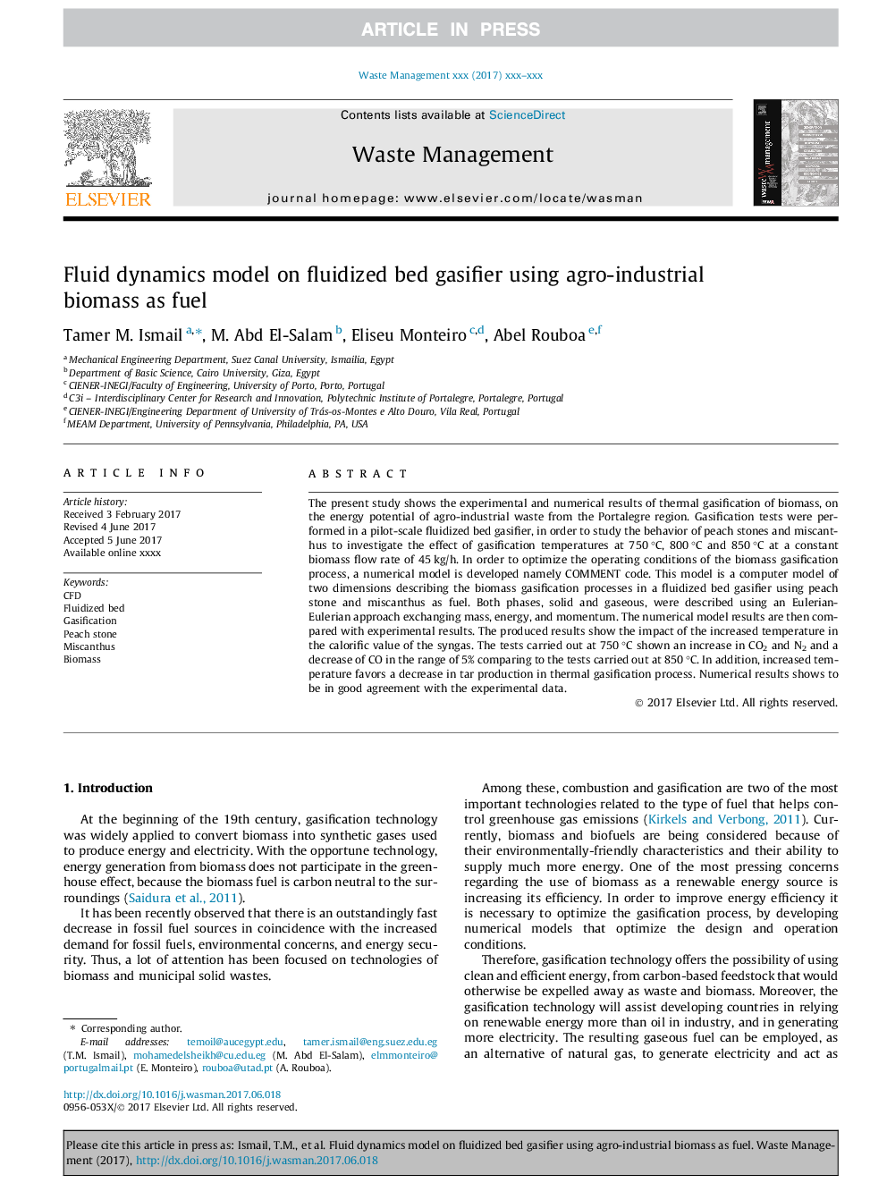 Fluid dynamics model on fluidized bed gasifier using agro-industrial biomass as fuel