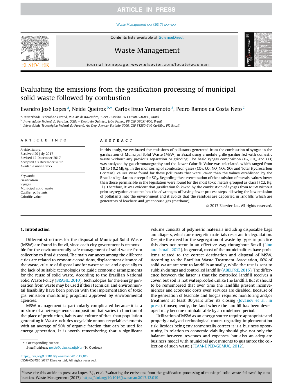 Evaluating the emissions from the gasification processing of municipal solid waste followed by combustion