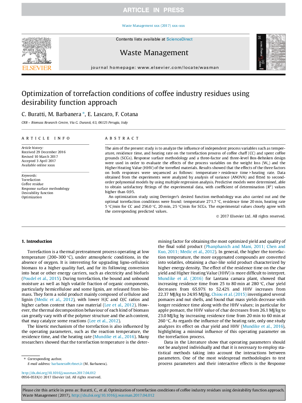 Optimization of torrefaction conditions of coffee industry residues using desirability function approach