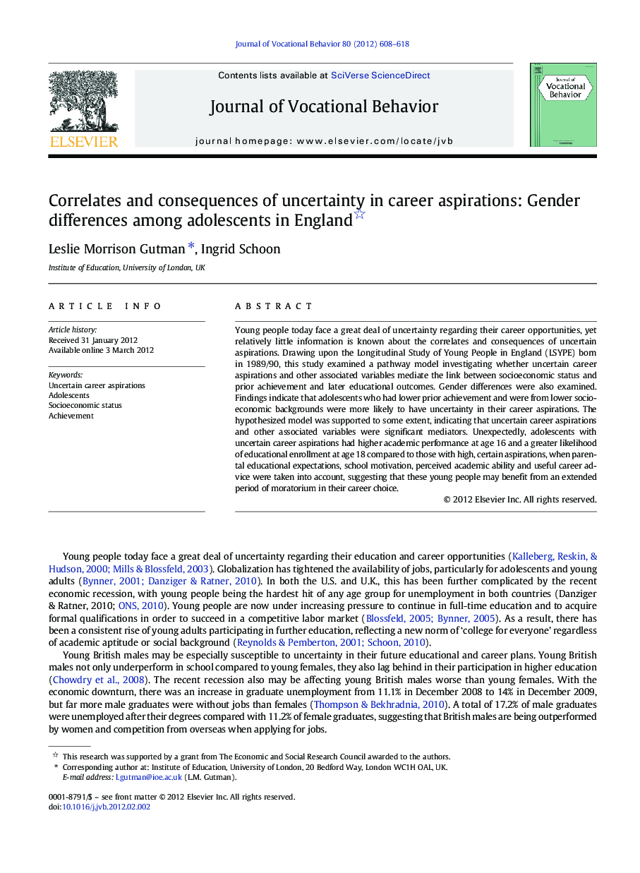 Correlates and consequences of uncertainty in career aspirations: Gender differences among adolescents in England 