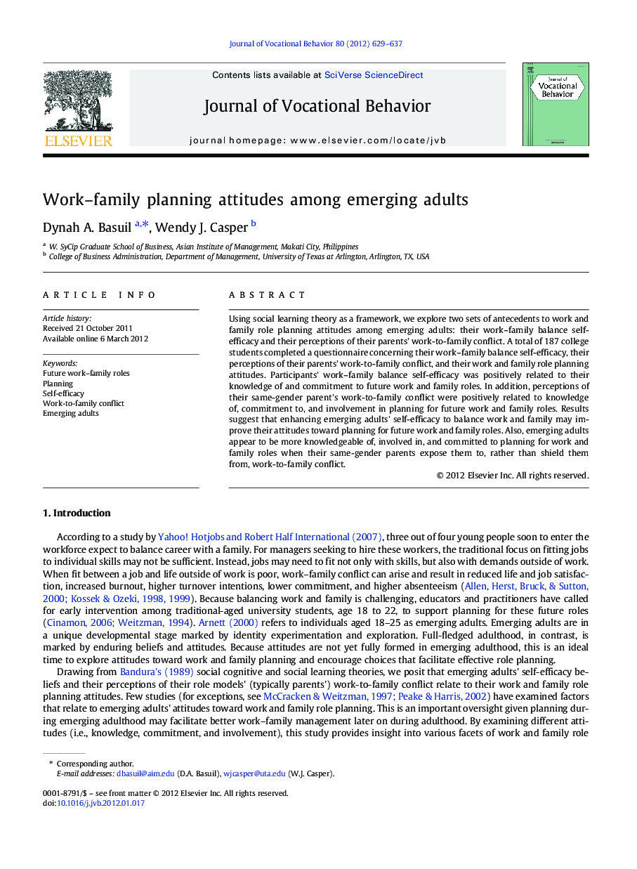 Work–family planning attitudes among emerging adults