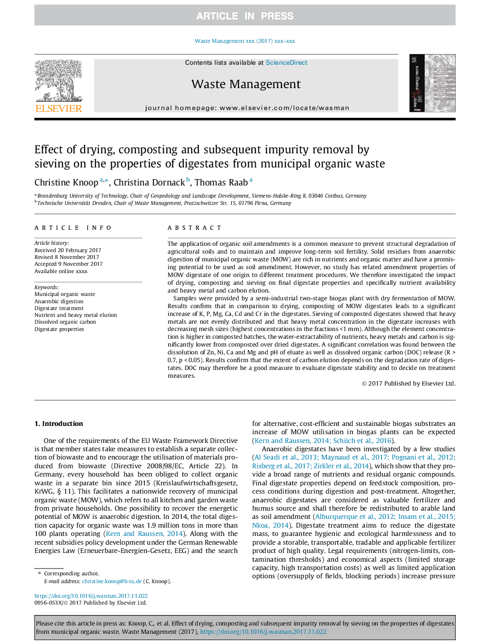 Effect of drying, composting and subsequent impurity removal by sieving on the properties of digestates from municipal organic waste