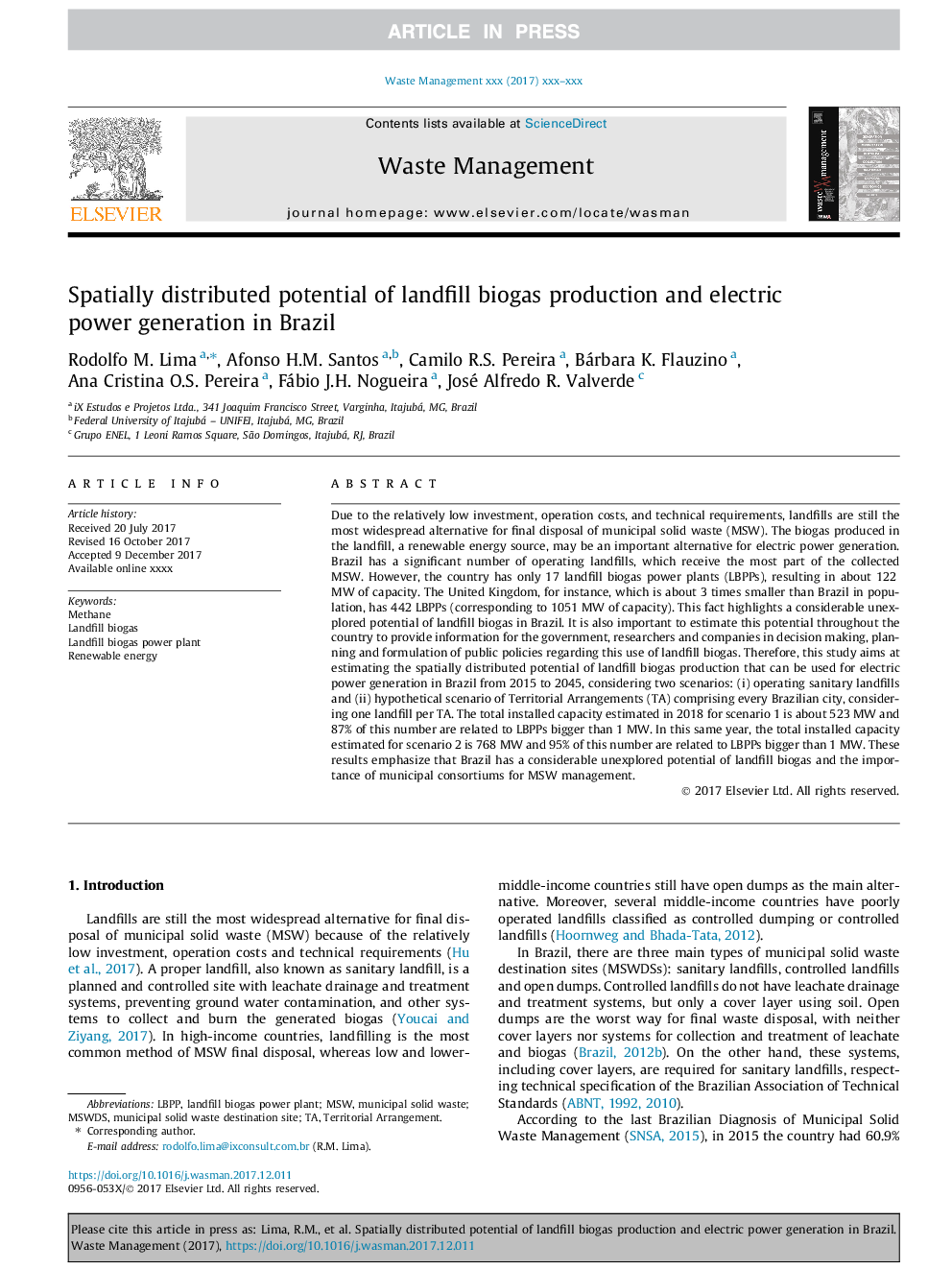 Spatially distributed potential of landfill biogas production and electric power generation in Brazil