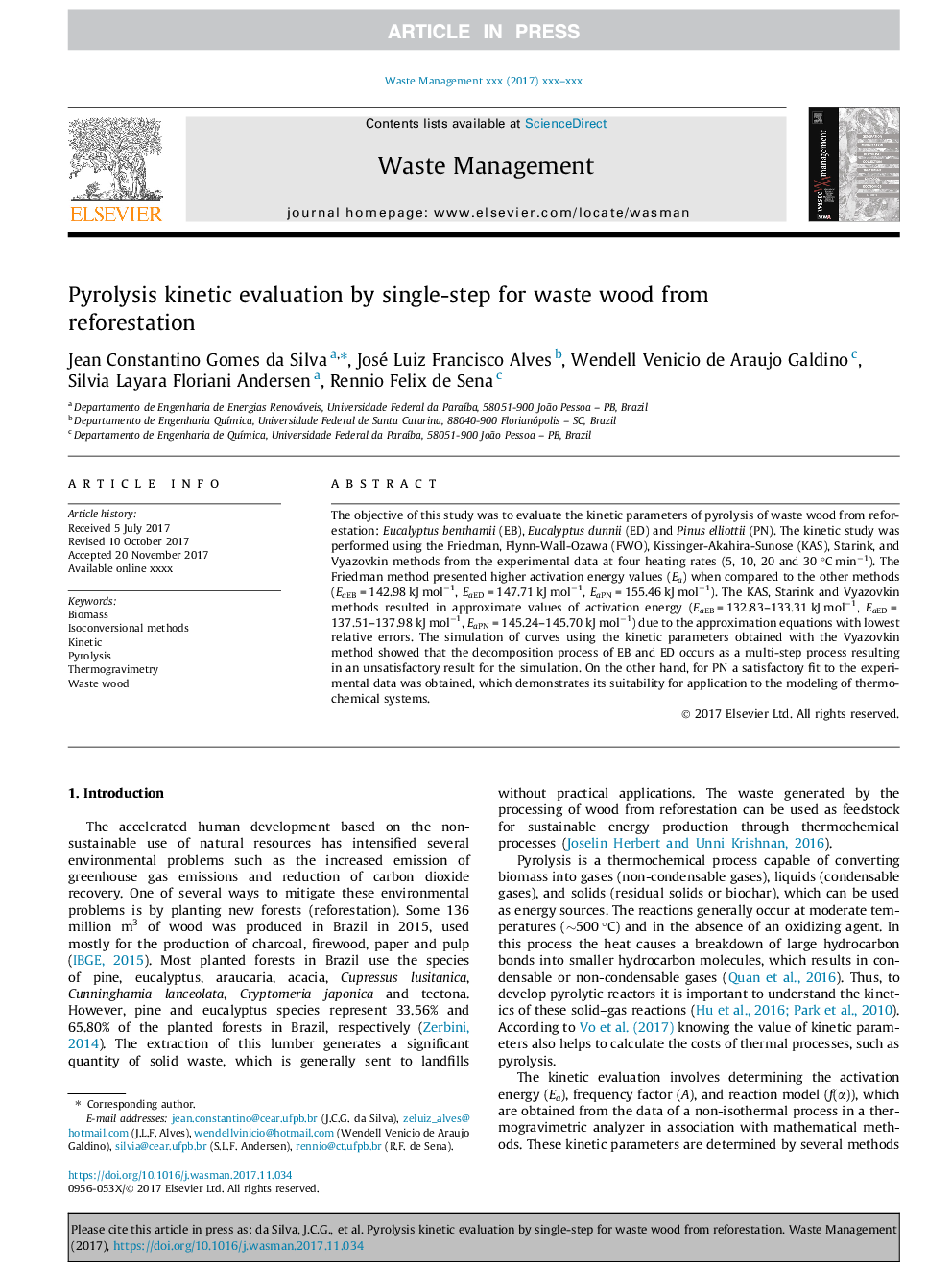 Pyrolysis kinetic evaluation by single-step for waste wood from reforestation