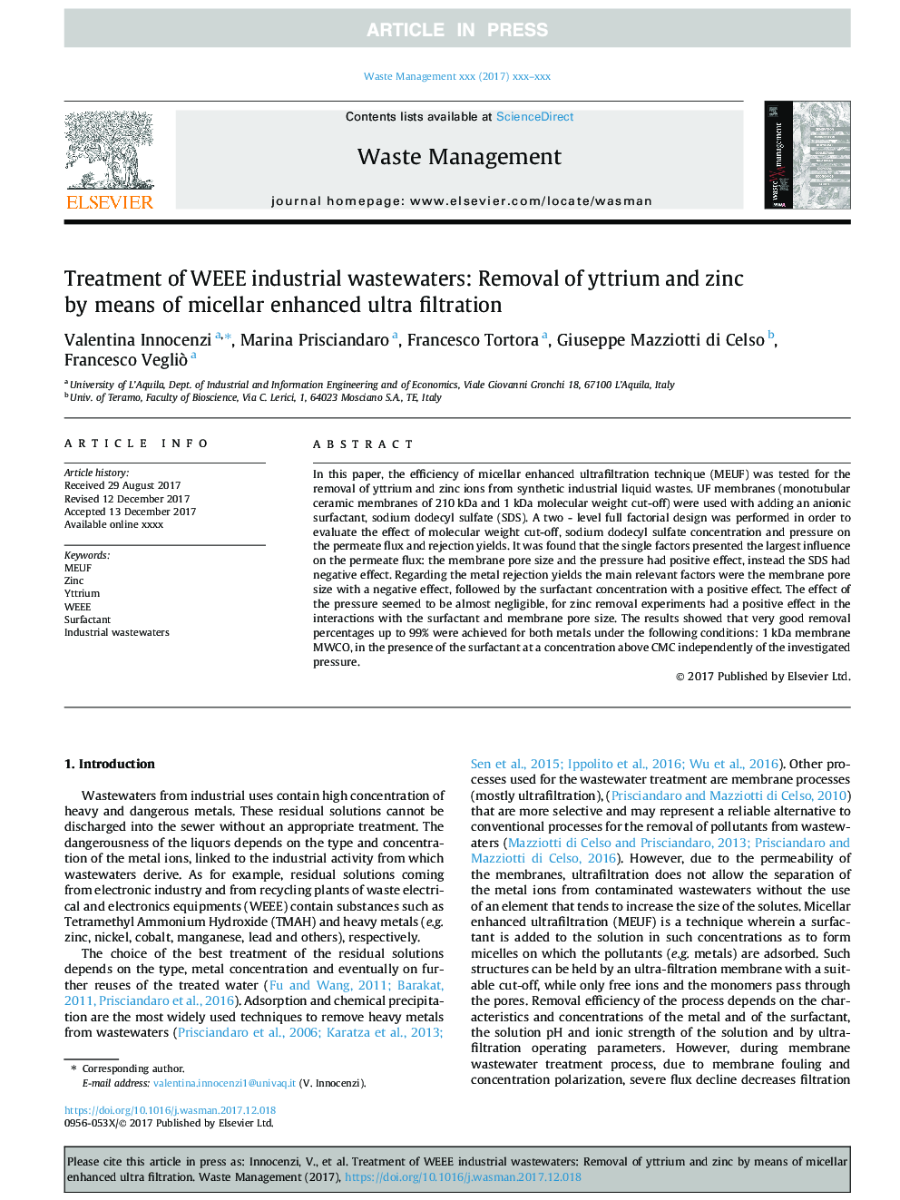 Treatment of WEEE industrial wastewaters: Removal of yttrium and zinc by means of micellar enhanced ultra filtration