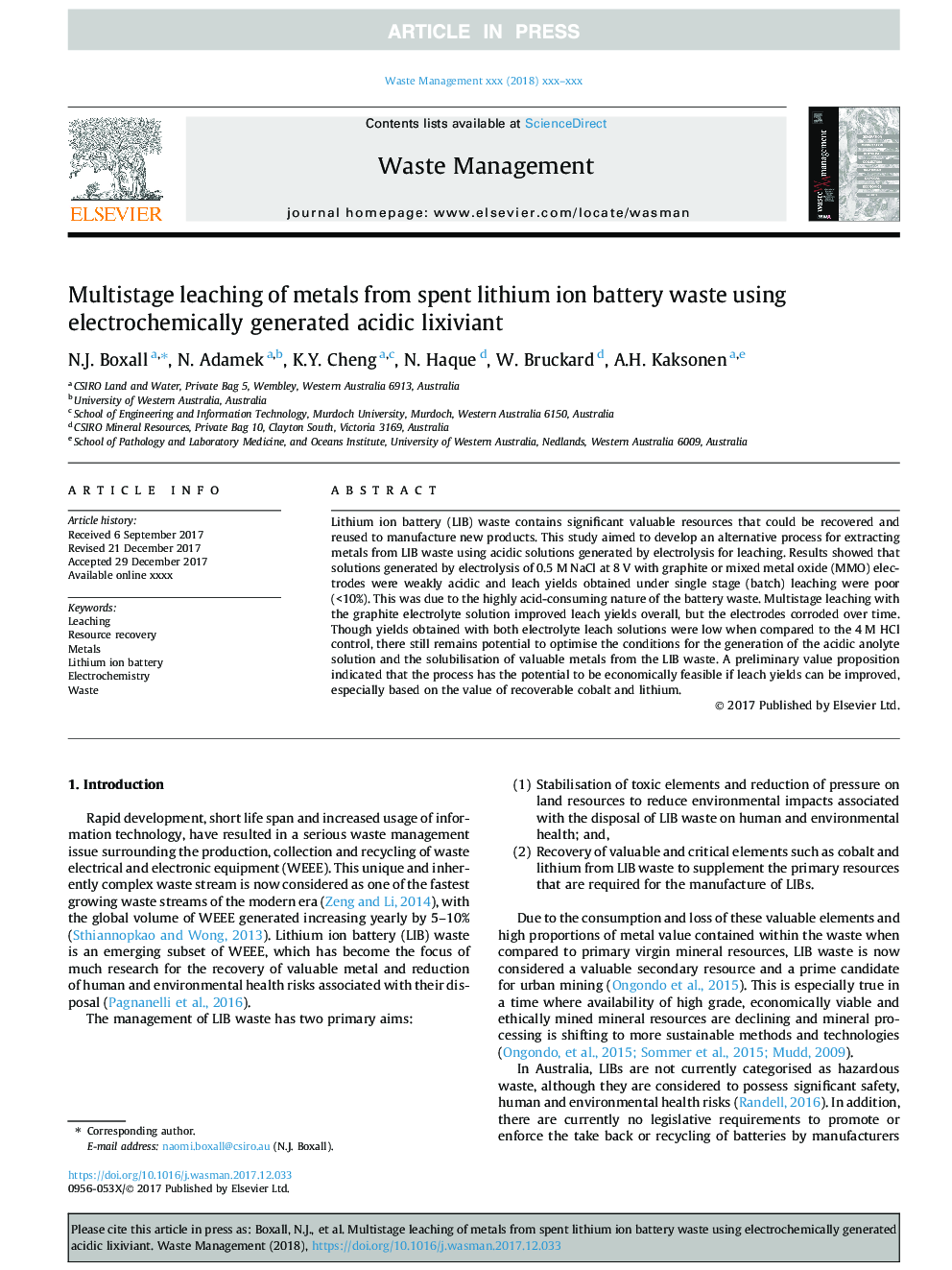 Multistage leaching of metals from spent lithium ion battery waste using electrochemically generated acidic lixiviant