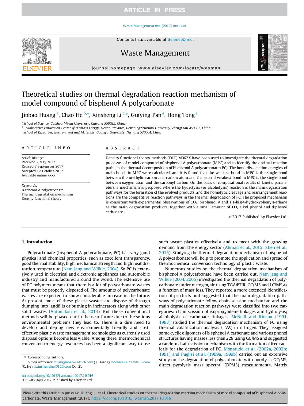 Theoretical studies on thermal degradation reaction mechanism of model compound of bisphenol A polycarbonate