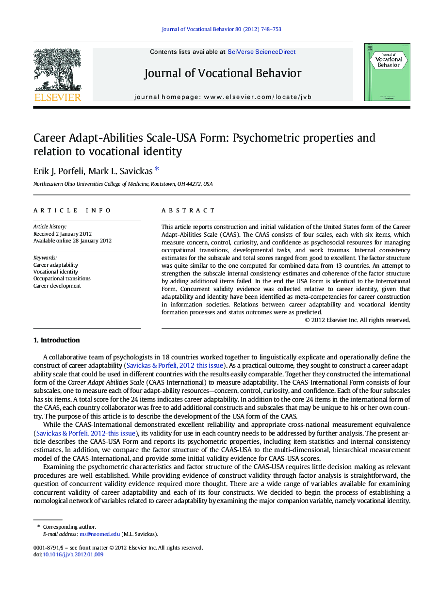 Career Adapt-Abilities Scale-USA Form: Psychometric properties and relation to vocational identity