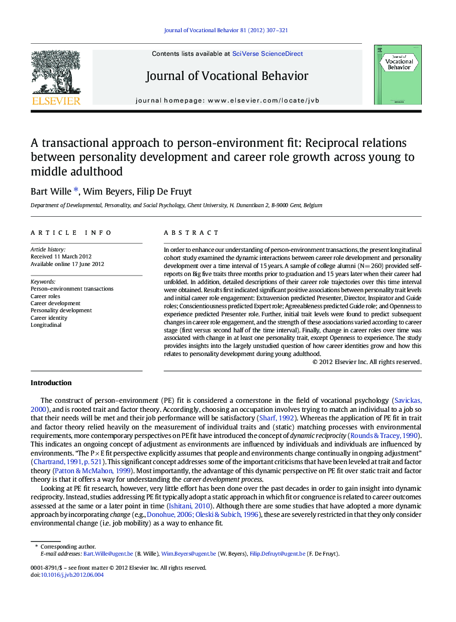 A transactional approach to person-environment fit: Reciprocal relations between personality development and career role growth across young to middle adulthood