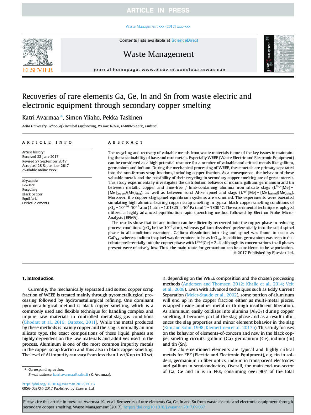 Recoveries of rare elements Ga, Ge, In and Sn from waste electric and electronic equipment through secondary copper smelting