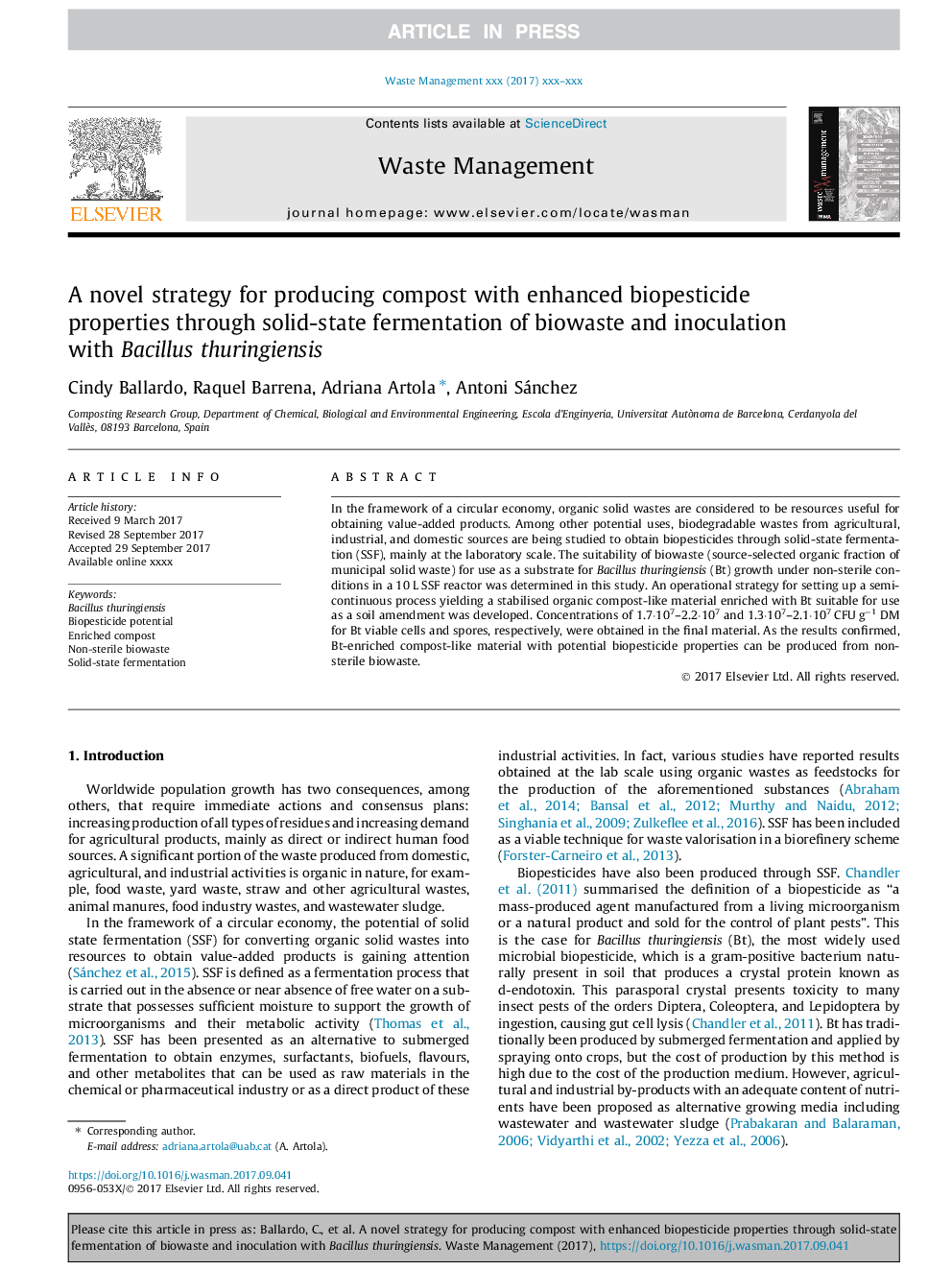 A novel strategy for producing compost with enhanced biopesticide properties through solid-state fermentation of biowaste and inoculation with Bacillus thuringiensis