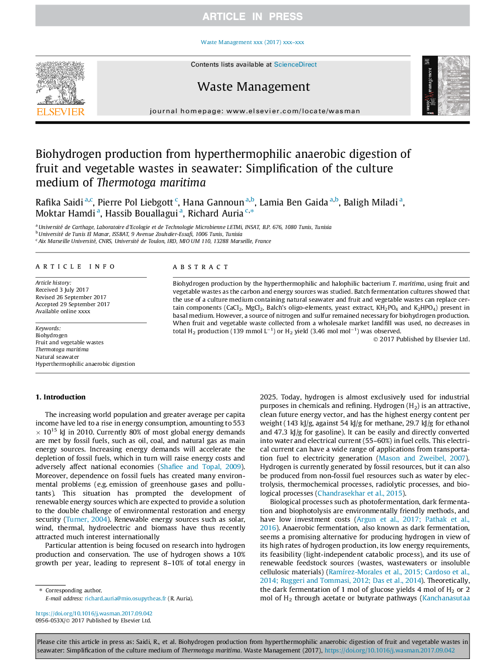 Biohydrogen production from hyperthermophilic anaerobic digestion of fruit and vegetable wastes in seawater: Simplification of the culture medium of Thermotoga maritima