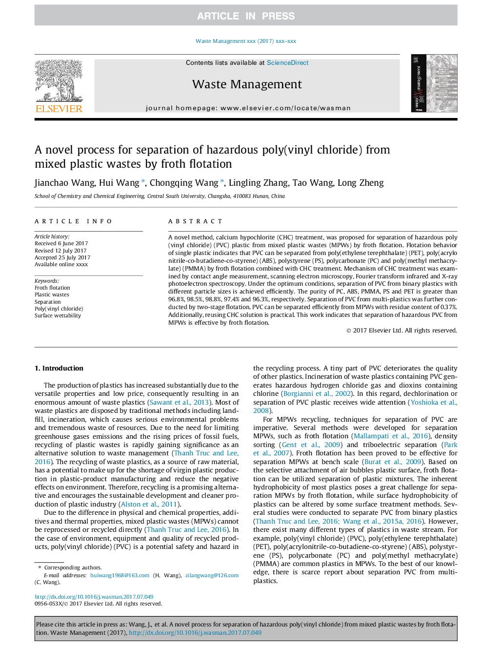 A novel process for separation of hazardous poly(vinyl chloride) from mixed plastic wastes by froth flotation