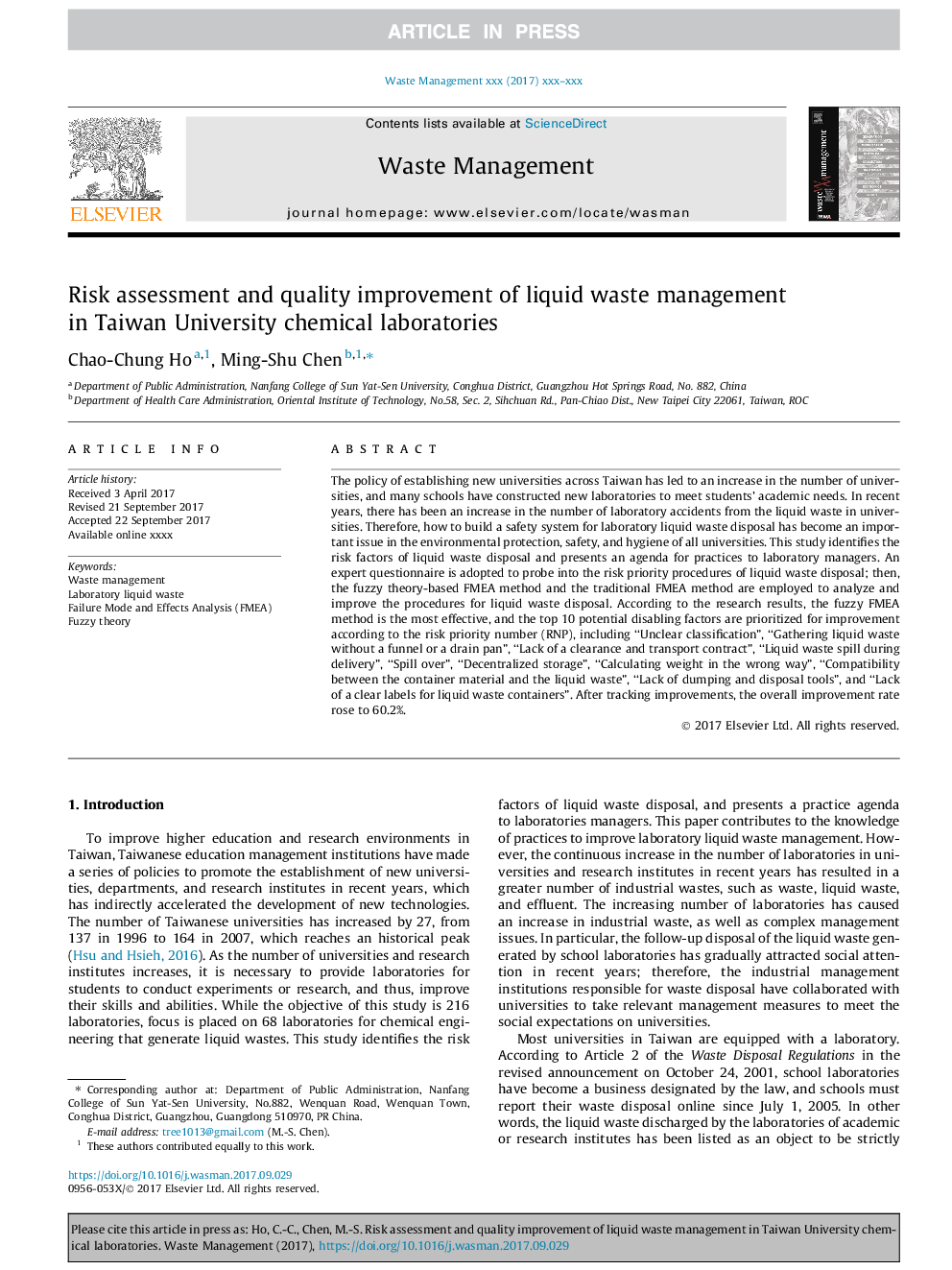 Risk assessment and quality improvement of liquid waste management in Taiwan University chemical laboratories