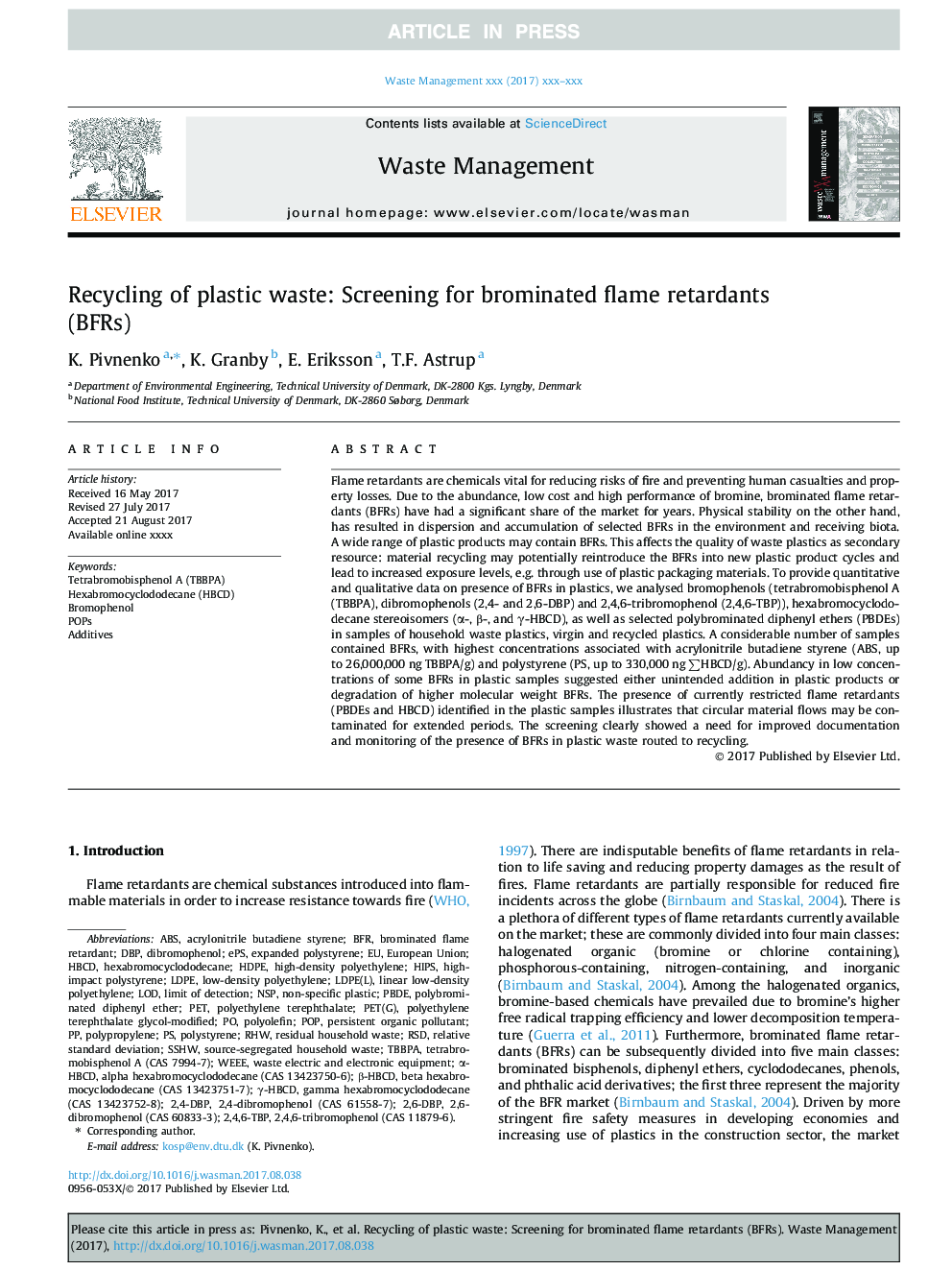 Recycling of plastic waste: Screening for brominated flame retardants (BFRs)