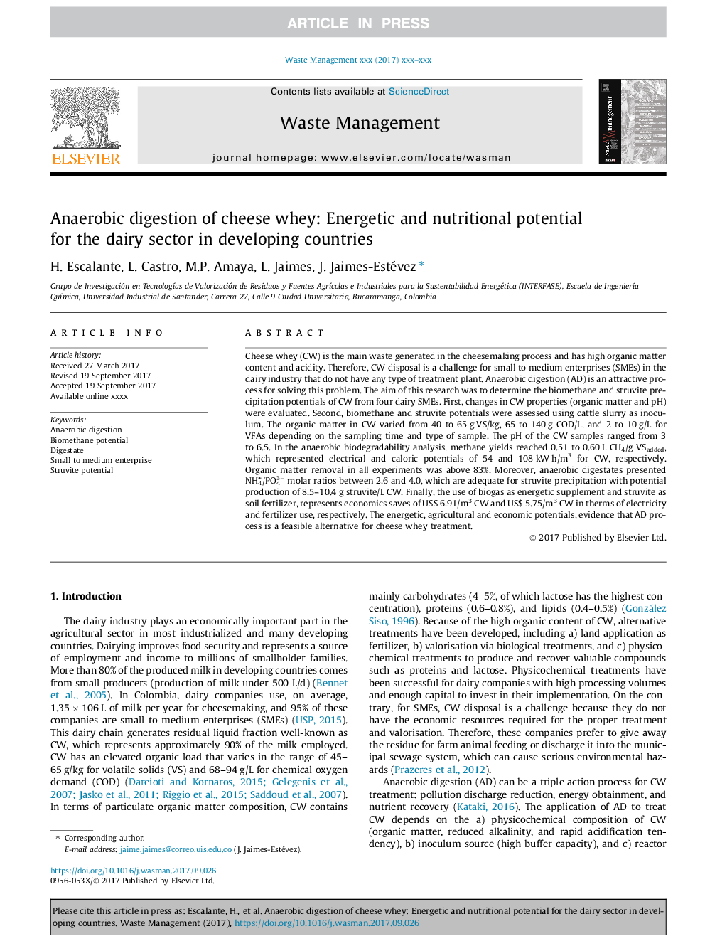 Anaerobic digestion of cheese whey: Energetic and nutritional potential for the dairy sector in developing countries