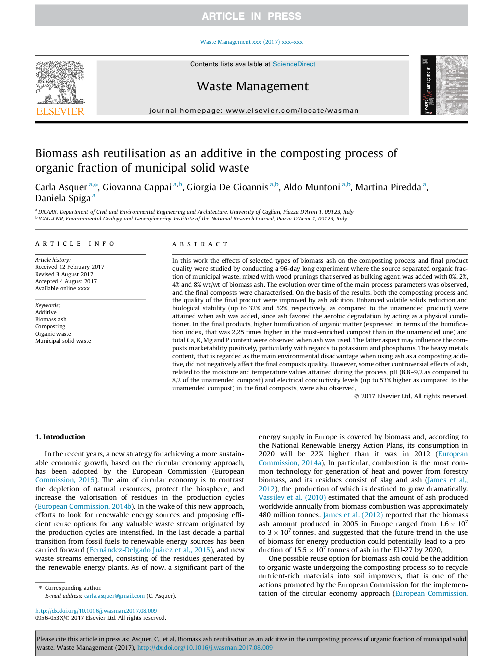 Biomass ash reutilisation as an additive in the composting process of organic fraction of municipal solid waste