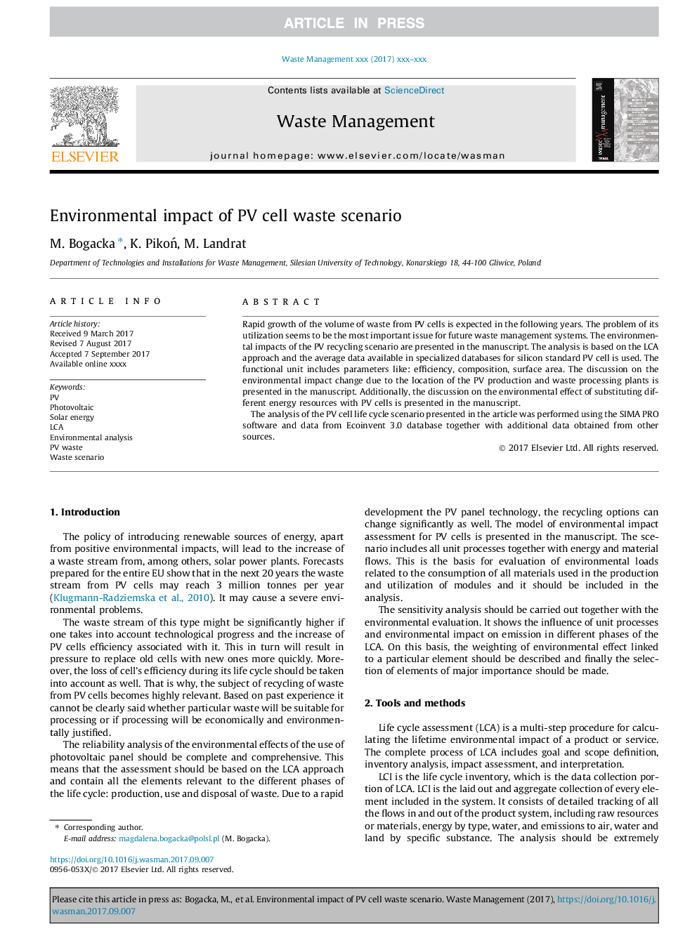 Environmental impact of PV cell waste scenario