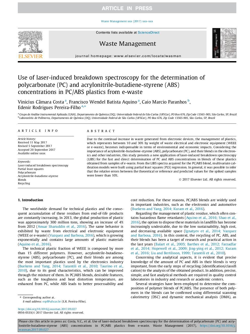 Use of laser-induced breakdown spectroscopy for the determination of polycarbonate (PC) and acrylonitrile-butadiene-styrene (ABS) concentrations in PC/ABS plastics from e-waste