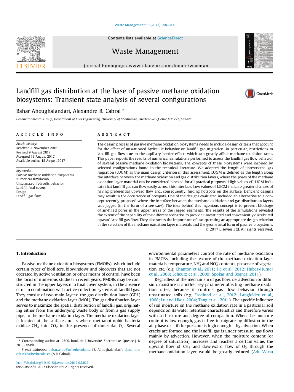 توزیع گازهای زباله در پایه های سیستم های اکسیداسیون متان منفعل: تجزیه و تحلیل حالت گذرا از چندین تنظیم 