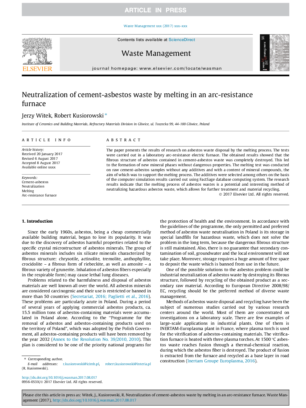 Neutralization of cement-asbestos waste by melting in an arc-resistance furnace