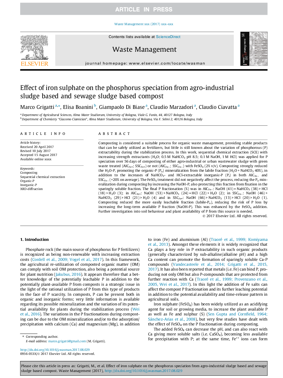 Effect of iron sulphate on the phosphorus speciation from agro-industrial sludge based and sewage sludge based compost