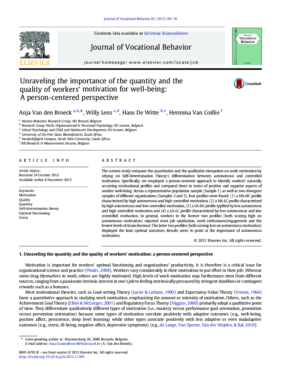 Unraveling the importance of the quantity and the quality of workers’ motivation for well-being: A person-centered perspective