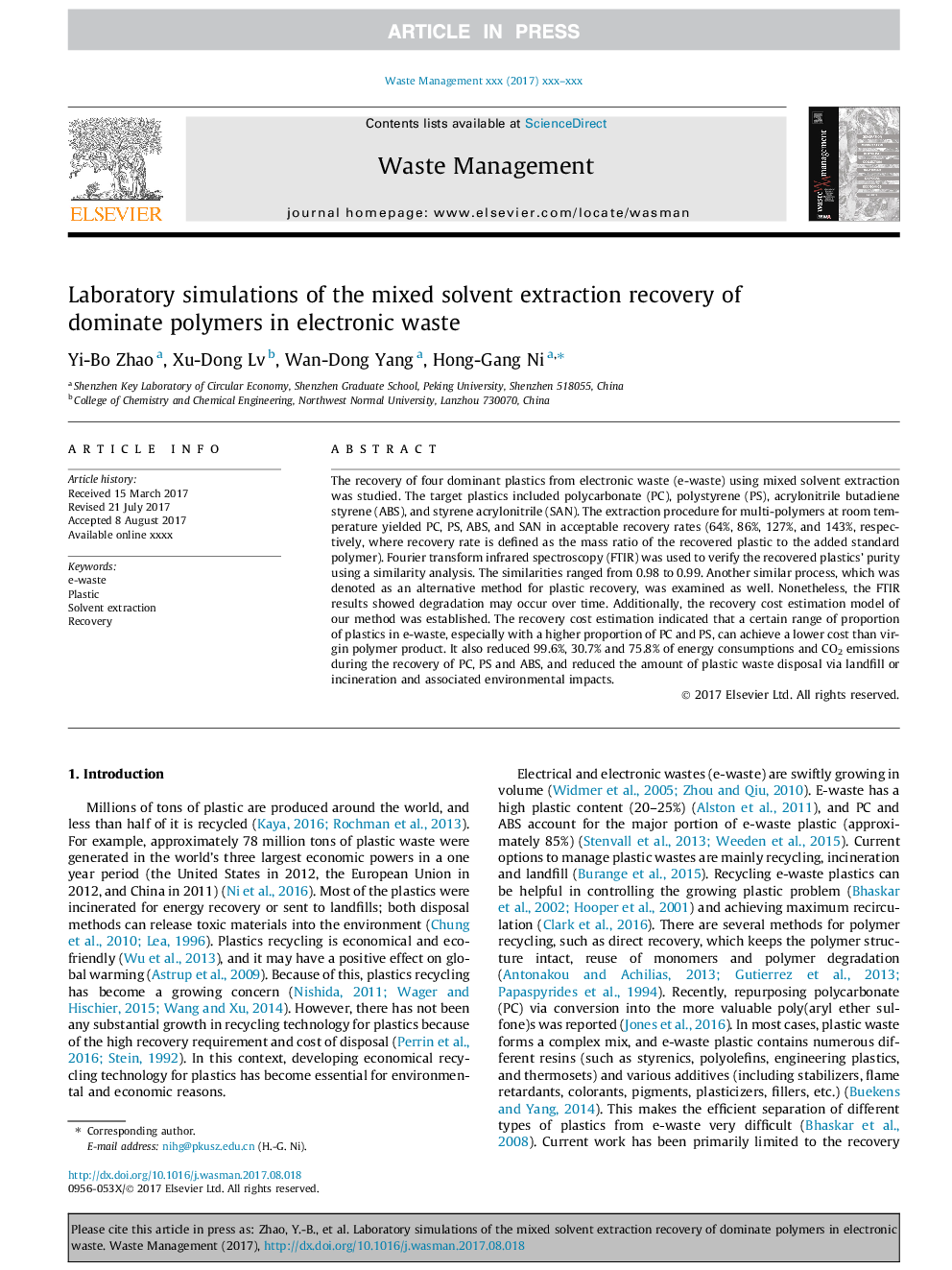 Laboratory simulations of the mixed solvent extraction recovery of dominate polymers in electronic waste