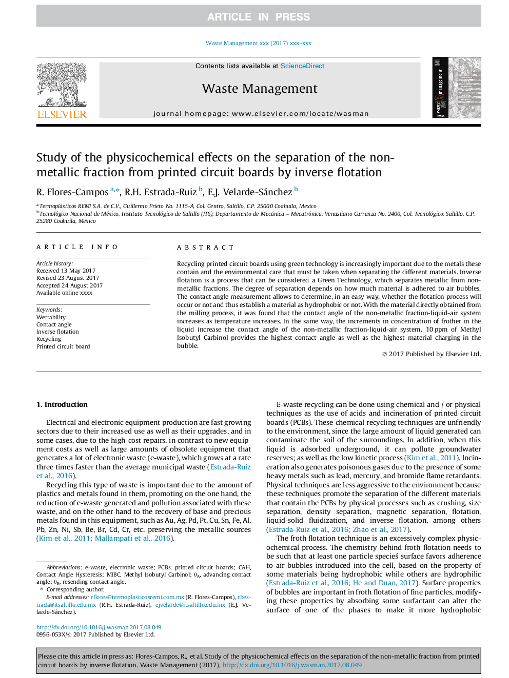 Study of the physicochemical effects on the separation of the non-metallic fraction from printed circuit boards by inverse flotation