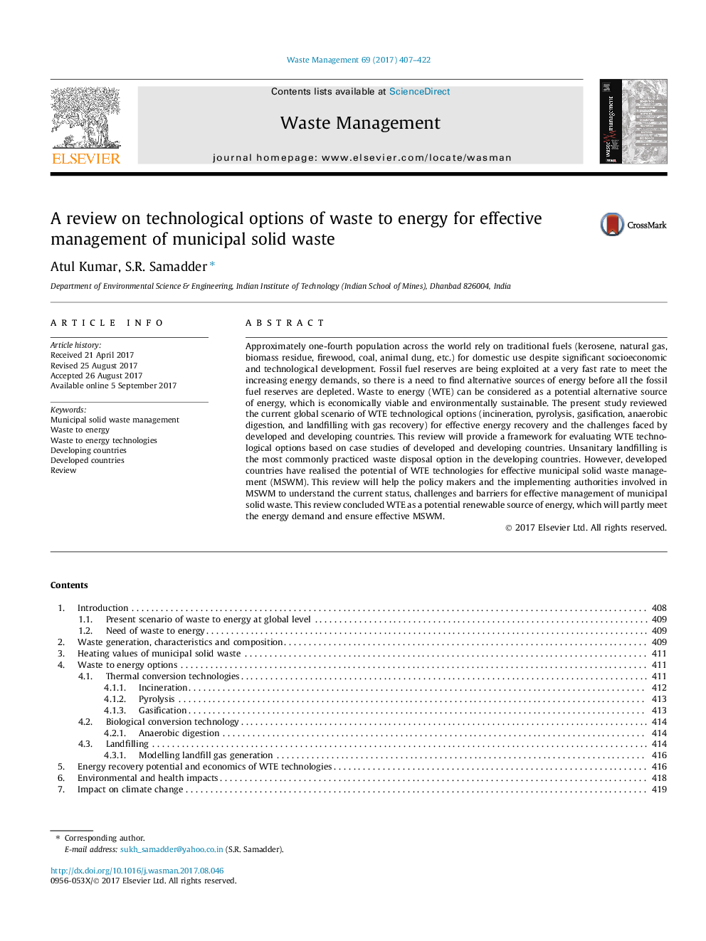 A review on technological options of waste to energy for effective management of municipal solid waste