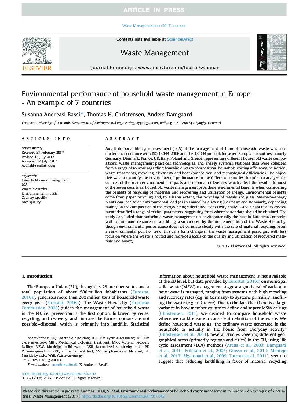 Environmental performance of household waste management in Europe - An example of 7 countries