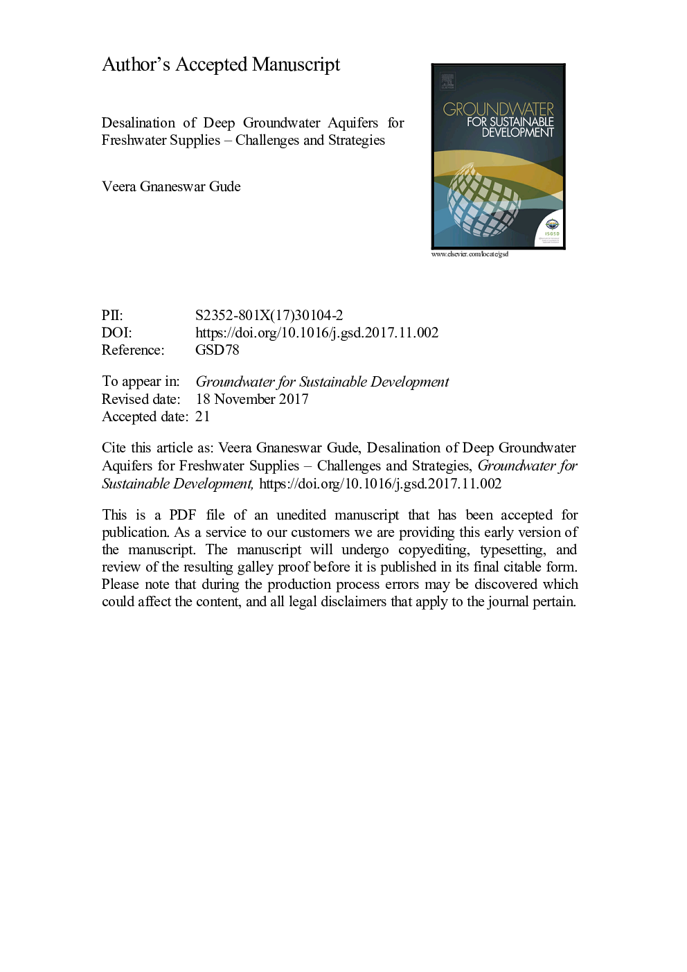 Desalination of deep groundwater aquifers for freshwater supplies - Challenges and strategies