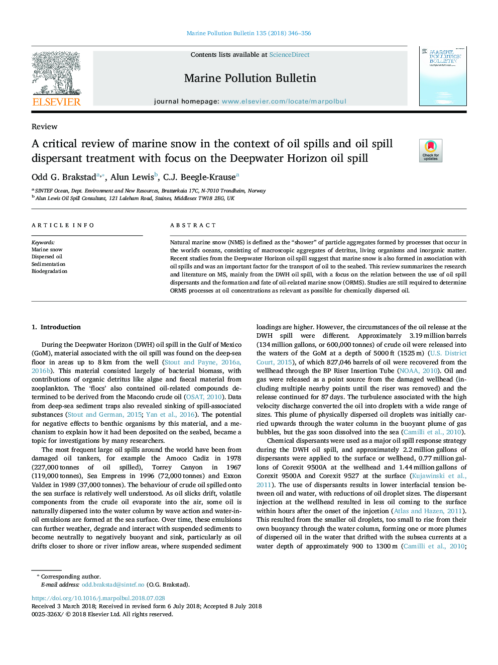 A critical review of marine snow in the context of oil spills and oil spill dispersant treatment with focus on the Deepwater Horizon oil spill
