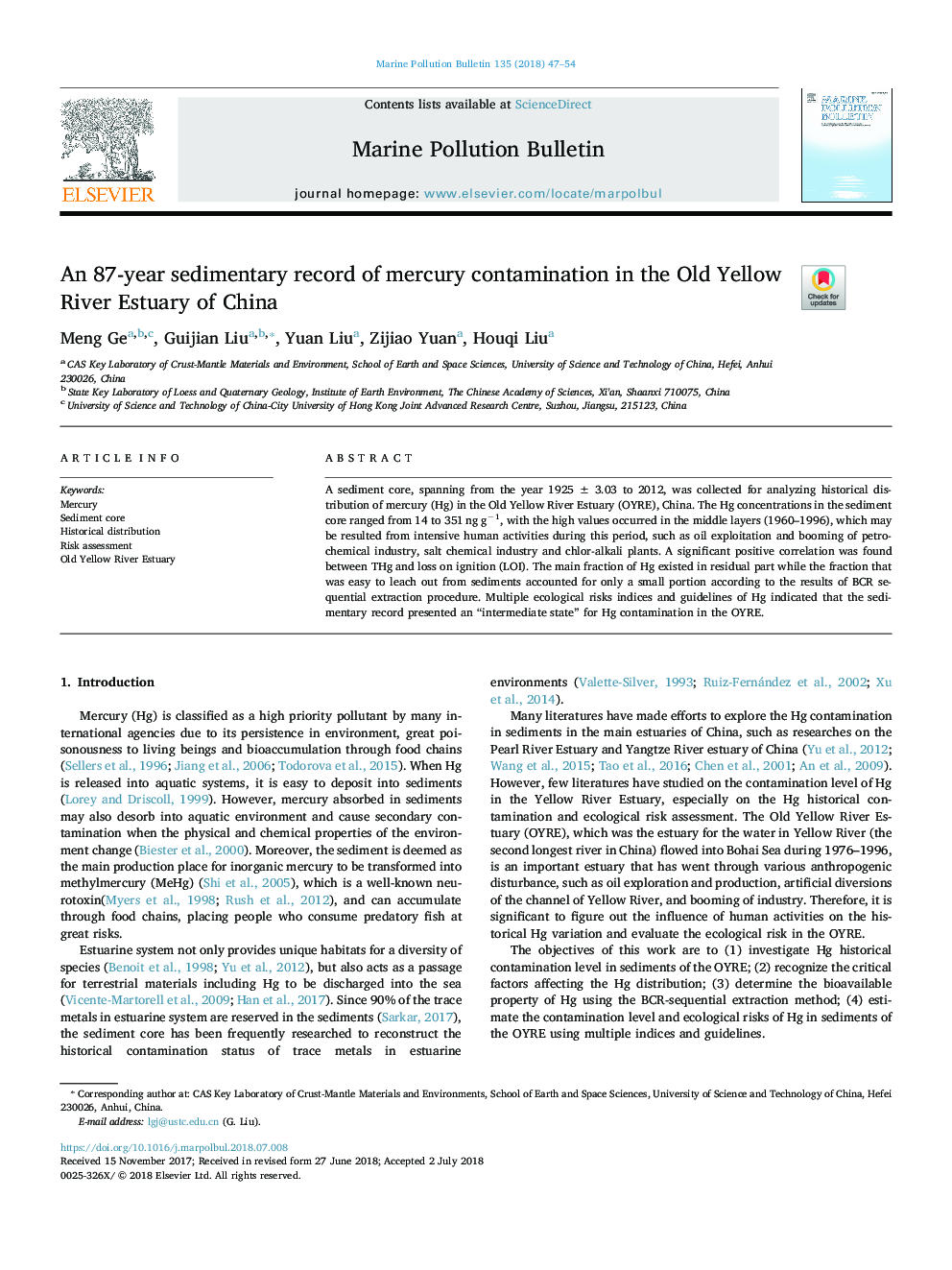 An 87-year sedimentary record of mercury contamination in the Old Yellow River Estuary of China