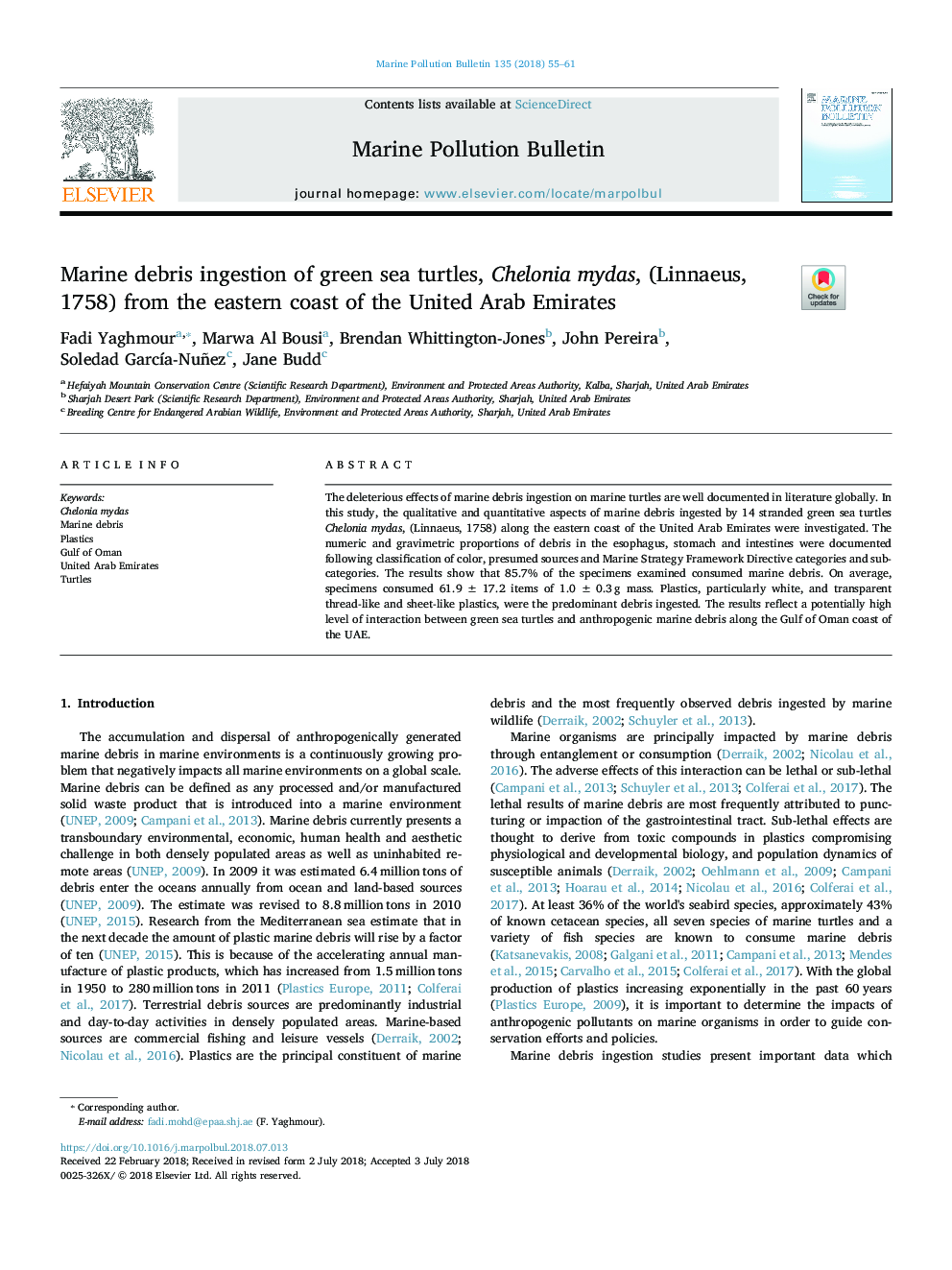 Marine debris ingestion of green sea turtles, Chelonia mydas, (Linnaeus, 1758) from the eastern coast of the United Arab Emirates