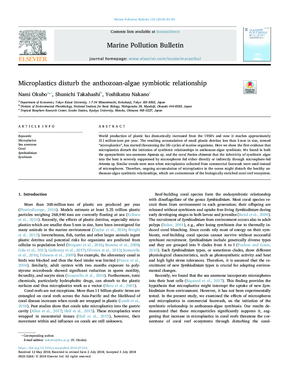 Microplastics disturb the anthozoan-algae symbiotic relationship