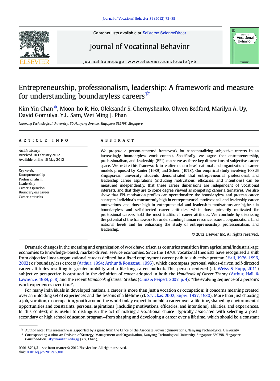 Entrepreneurship, professionalism, leadership: A framework and measure for understanding boundaryless careers 