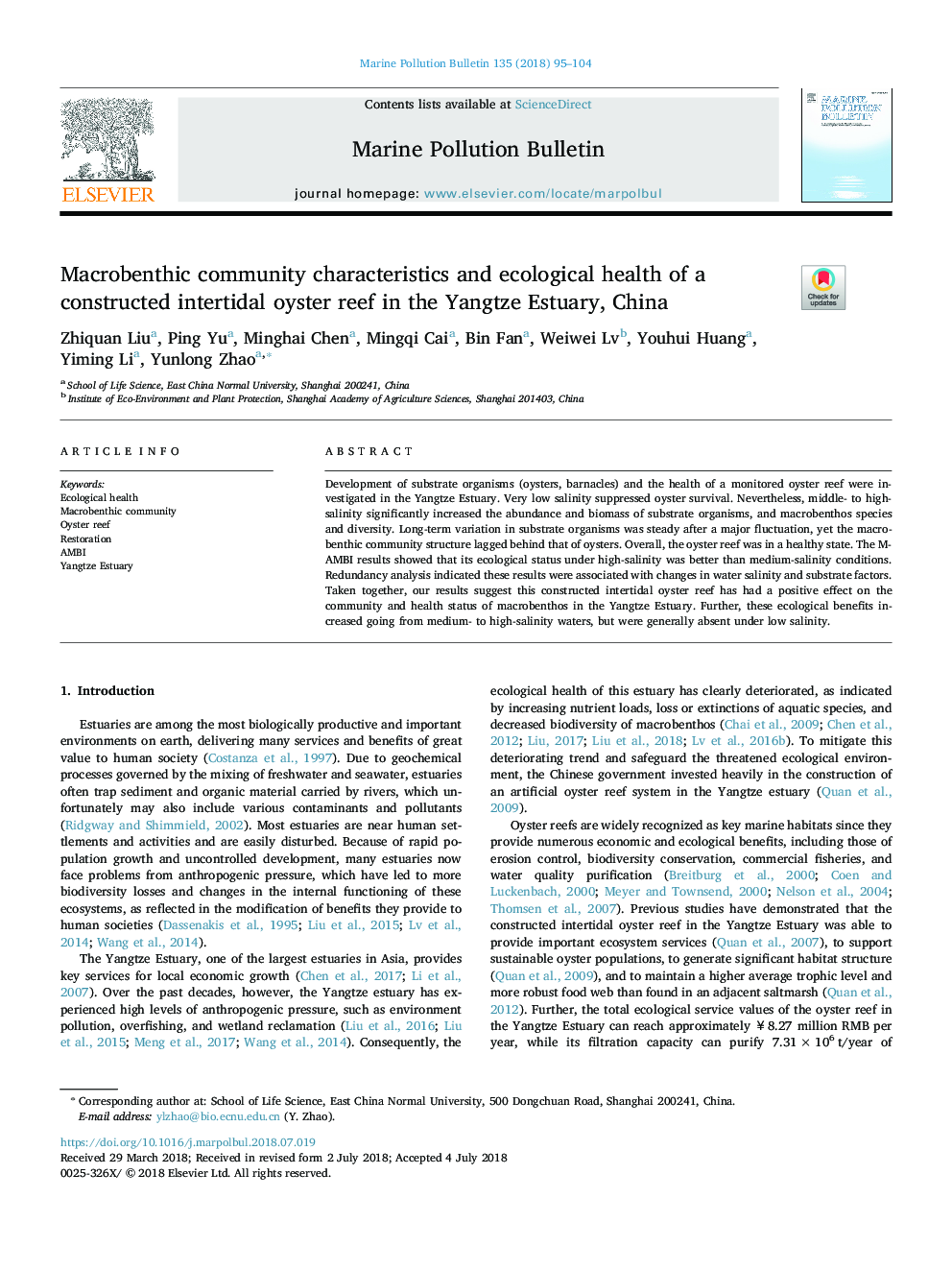 Macrobenthic community characteristics and ecological health of a constructed intertidal oyster reef in the Yangtze Estuary, China