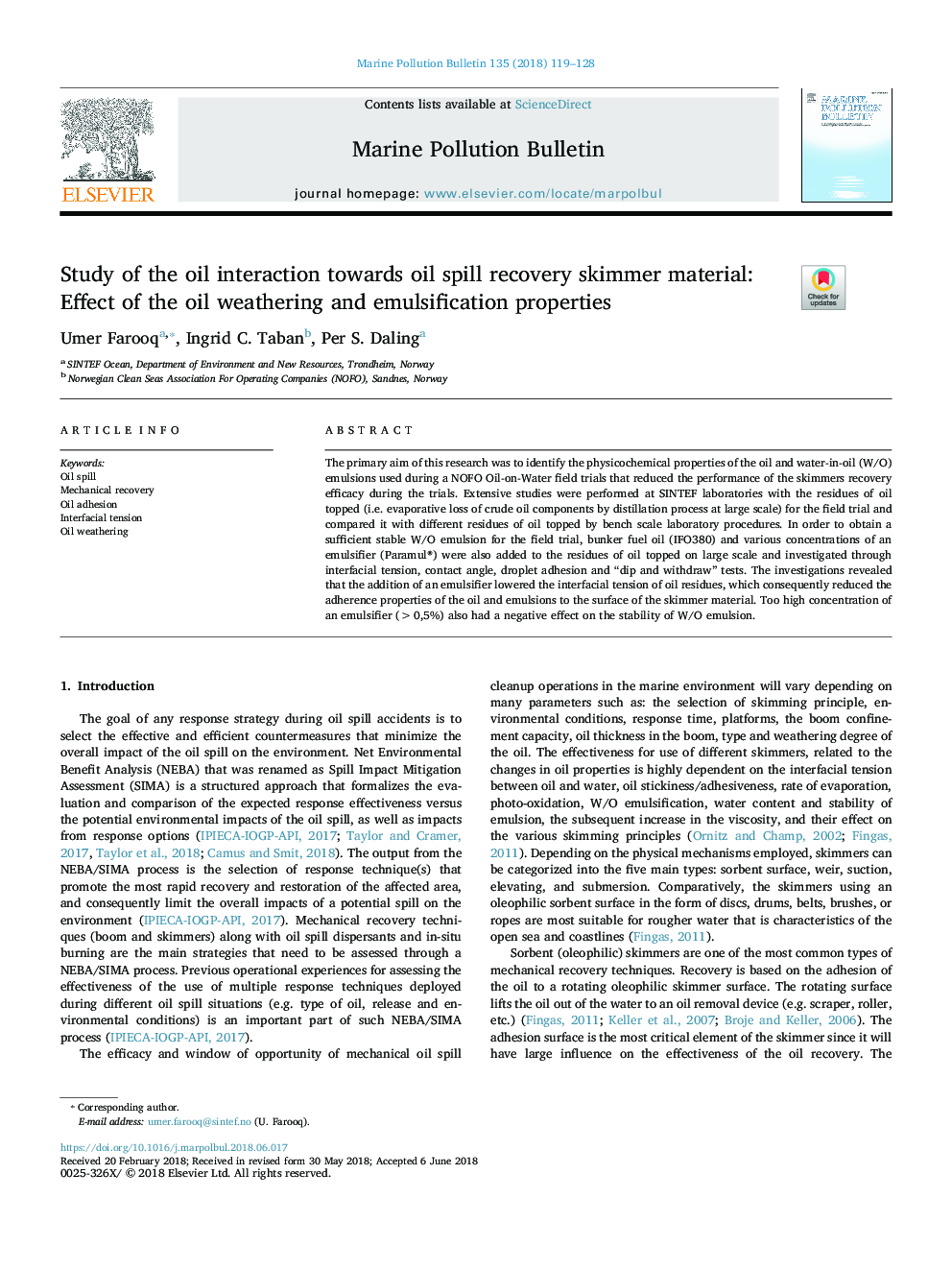 Study of the oil interaction towards oil spill recovery skimmer material: Effect of the oil weathering and emulsification properties