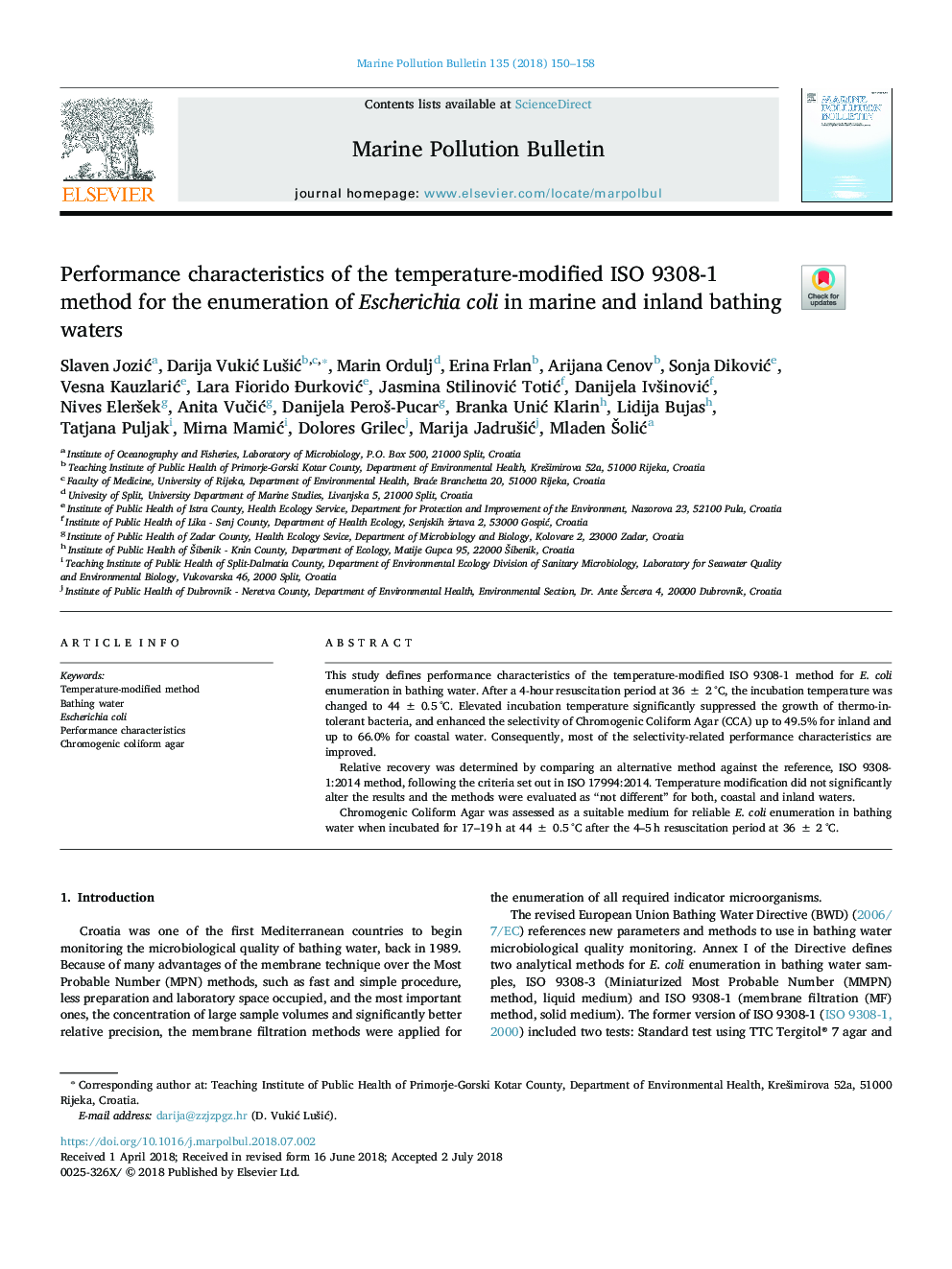 Performance characteristics of the temperature-modified ISO 9308-1 method for the enumeration of Escherichia coli in marine and inland bathing waters