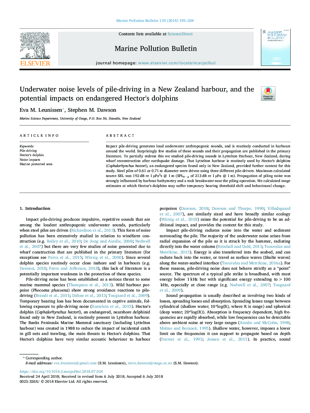 Underwater noise levels of pile-driving in a New Zealand harbour, and the potential impacts on endangered Hector's dolphins