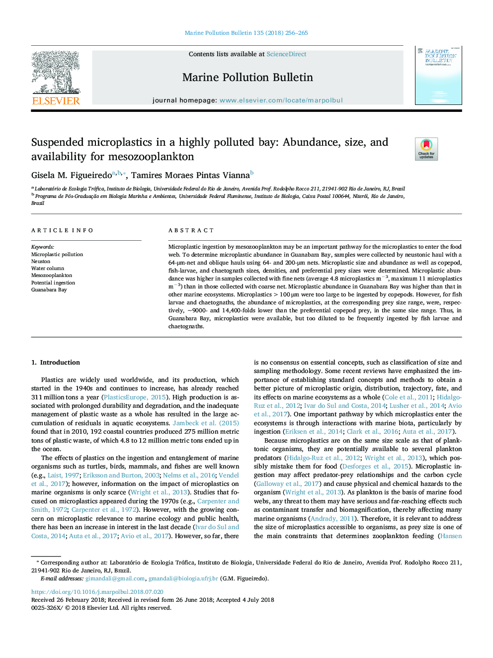 Suspended microplastics in a highly polluted bay: Abundance, size, and availability for mesozooplankton