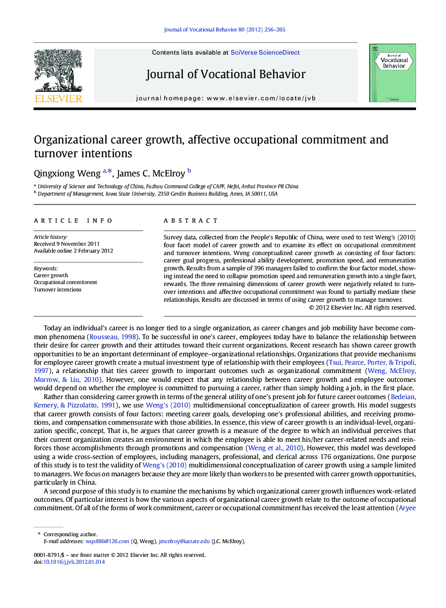 Organizational career growth, affective occupational commitment and turnover intentions