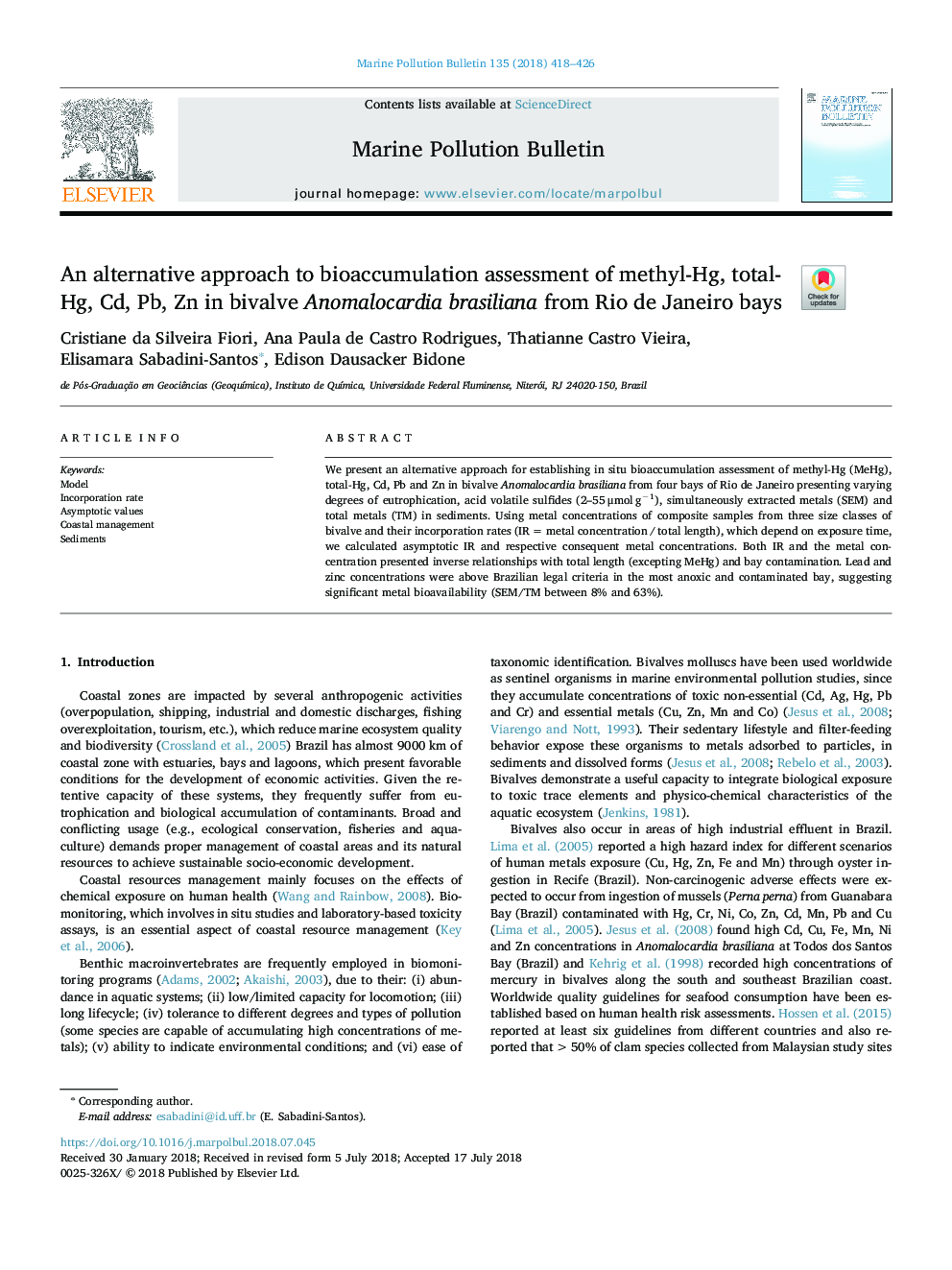 An alternative approach to bioaccumulation assessment of methyl-Hg, total-Hg, Cd, Pb, Zn in bivalve Anomalocardia brasiliana from Rio de Janeiro bays