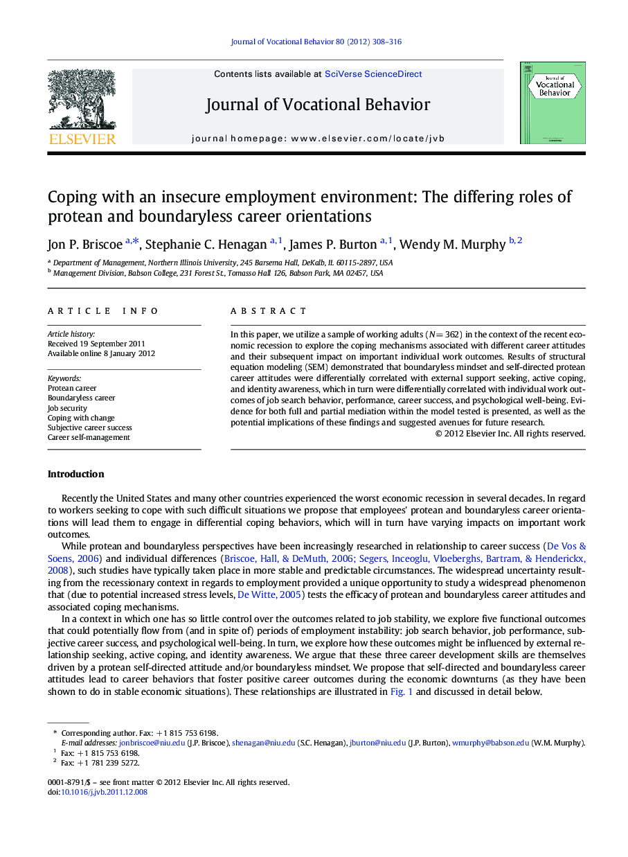 Coping with an insecure employment environment: The differing roles of protean and boundaryless career orientations