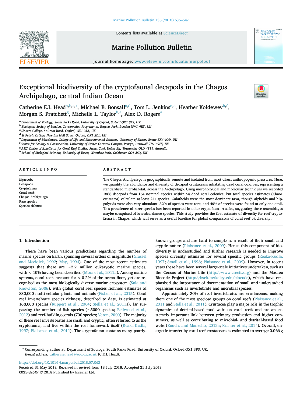 Exceptional biodiversity of the cryptofaunal decapods in the Chagos Archipelago, central Indian Ocean